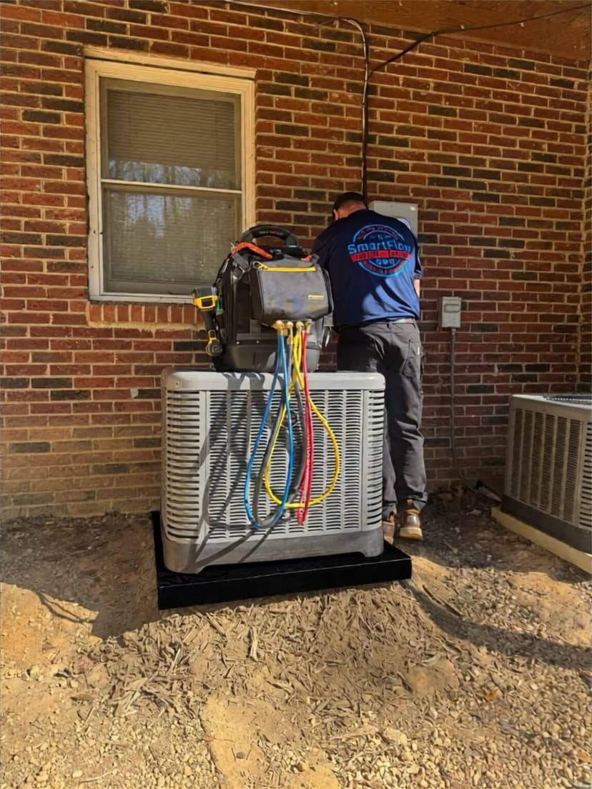 Technician servicing outdoor air conditioning unit beside brick house.